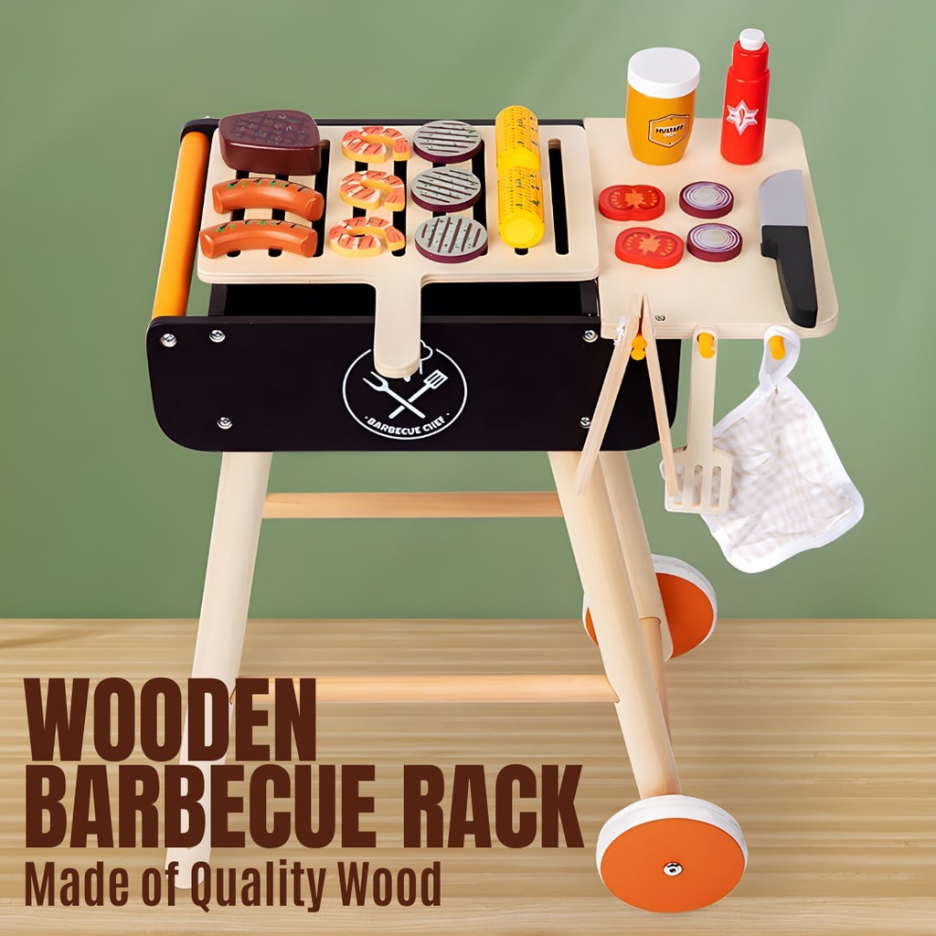 Wooden Barbeque Rack with Imitation Food and Grilling Tools for Pretend ...