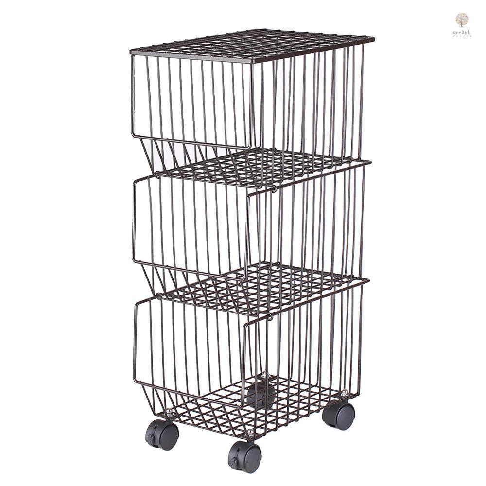 Movable Iron Storage Shelf 3 Layer Tier Drying Mesh Basket Metal Rack