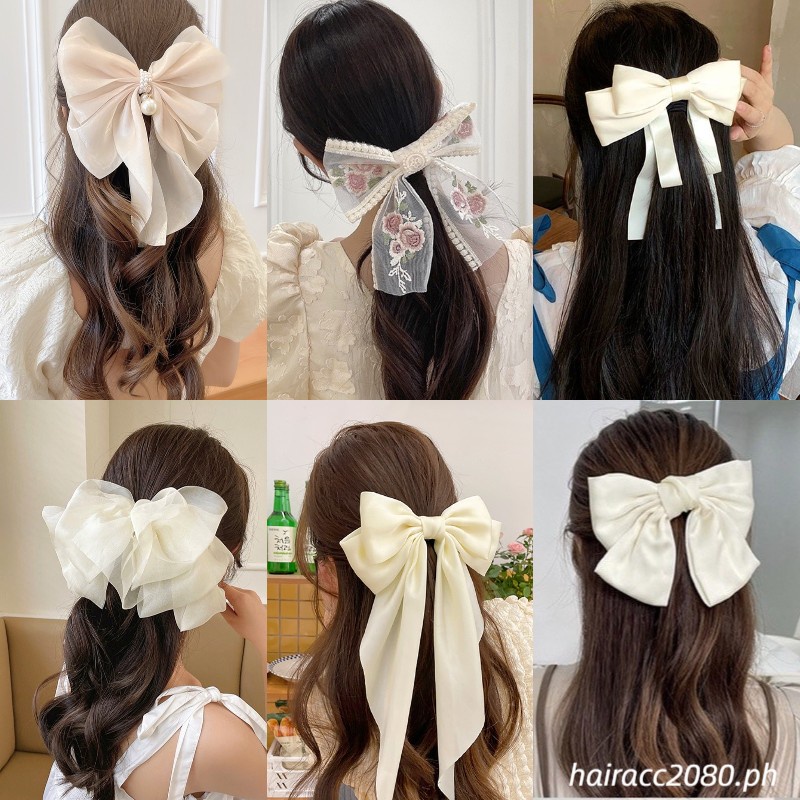 White Bow Hair Clip Long Ribbon Hair Pin Elegant Fashion Hair Accessory