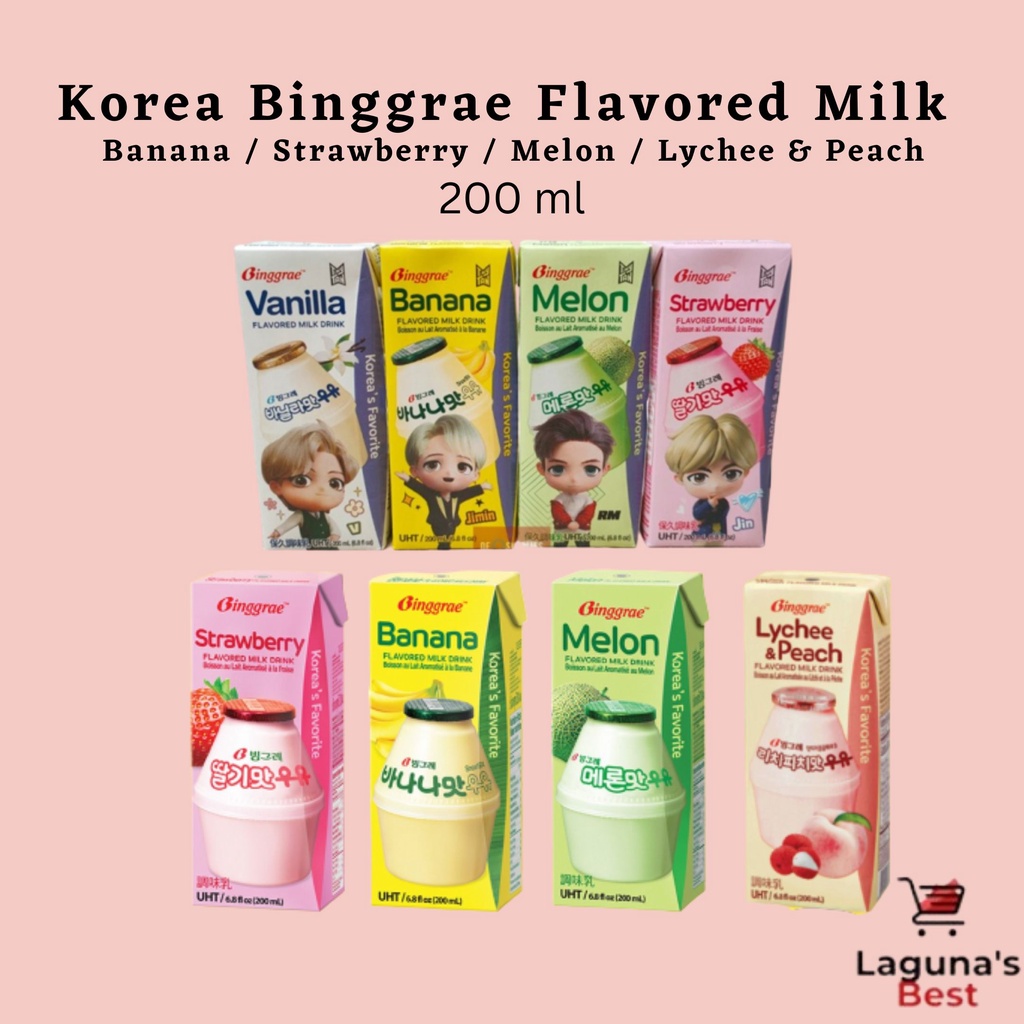 Binggrae Korea Banana/Strawberry/Melon/Lychee & Peach Flavored Milk ...