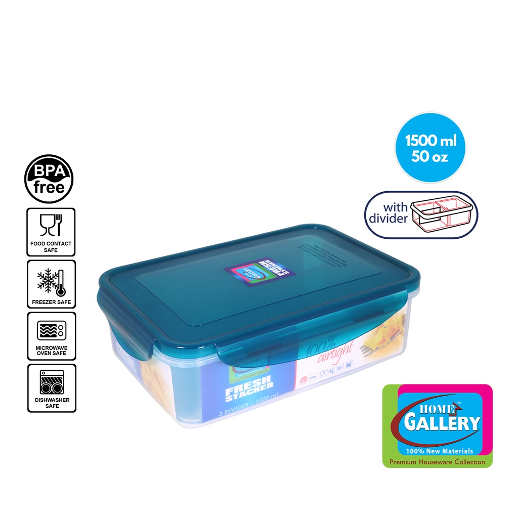 Home Gallery Fresh Stacker Rectangular Food Keeper w/ 3 Divider 1500ml ...