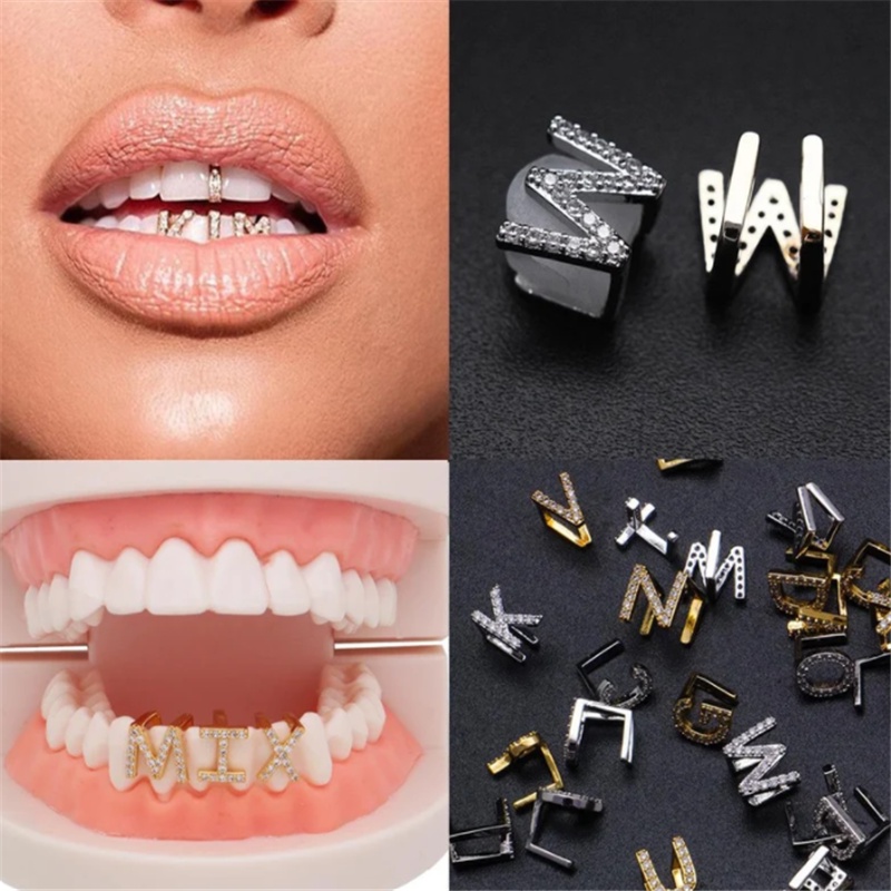 Gold & White Gold Iced Out AZ Letter Grillz Full Teeth DIY Fang Grills