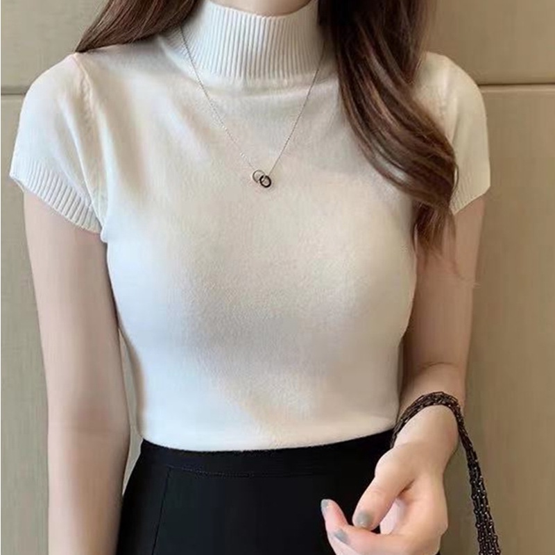 Semi Turtleneck Bottoming Short-sleeved Knitted Top #6130 | Shopee ...