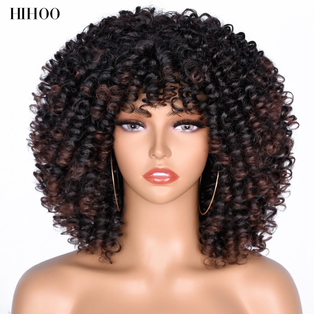 ♠Short Hair Afro Kinky Curly Wigs With Bangs For Black Women Synthetic