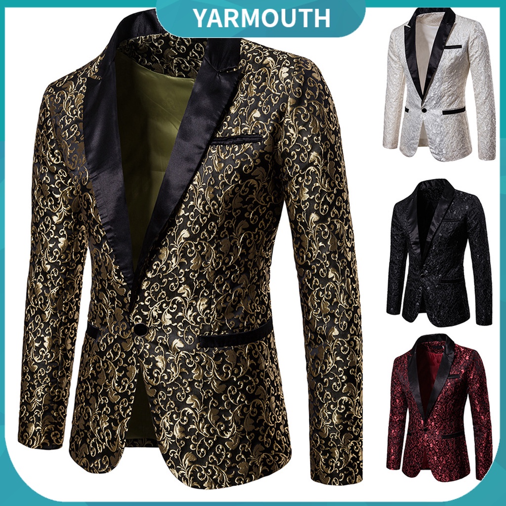 YYR--Men Blazer Jacquard Single Button Autumn Winter Pockets Lapel Suit ...