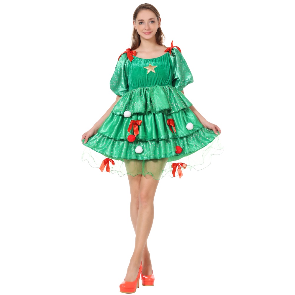 ❤COD❤Women's Christmas Party Dress 3D Xmas Tree Print Casual Flared Midi  Dresses Lady Red Green Print Holiday Dress For New Years