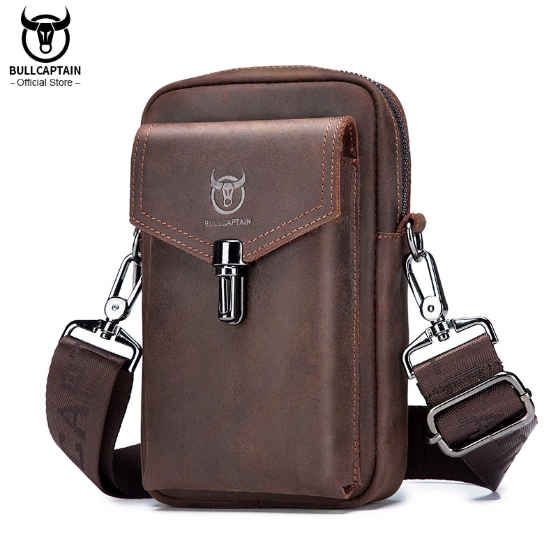 BULLCAPTAIN Crazy Horse Leather Men's Waist Bags Multifunctional 7-inch ...