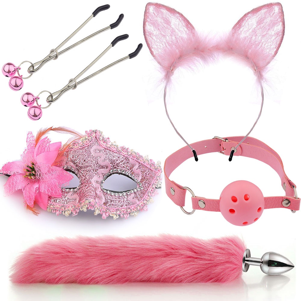 ┅cute Fox Tail Anal Plug Mask Cat Ears Headbands Set Adult Games Nipple Clip Neck Collar Erotic 9331