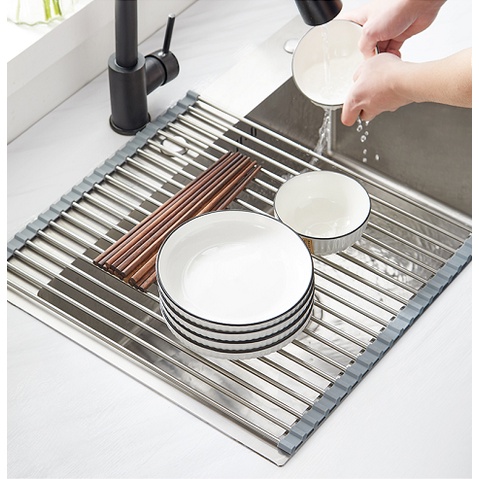 1pc Foldable Sink Dish Drying Mat, Simple Grey Stainless Steel Dish  Draining Rack For Kitchen