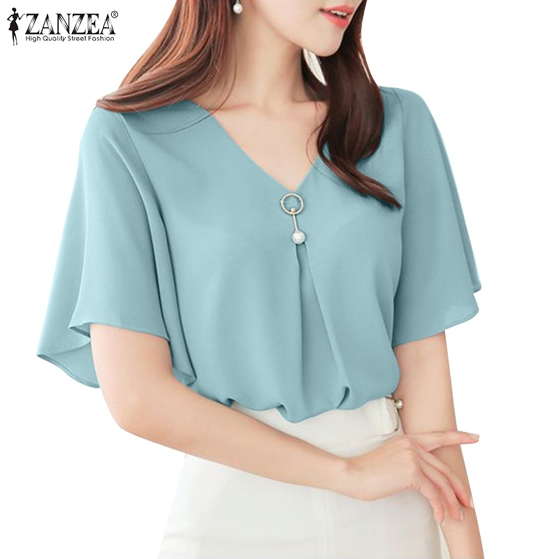 ZANZEA Women Korean Fashion Flare Short Sleeve V Neck Loose Office Work ...