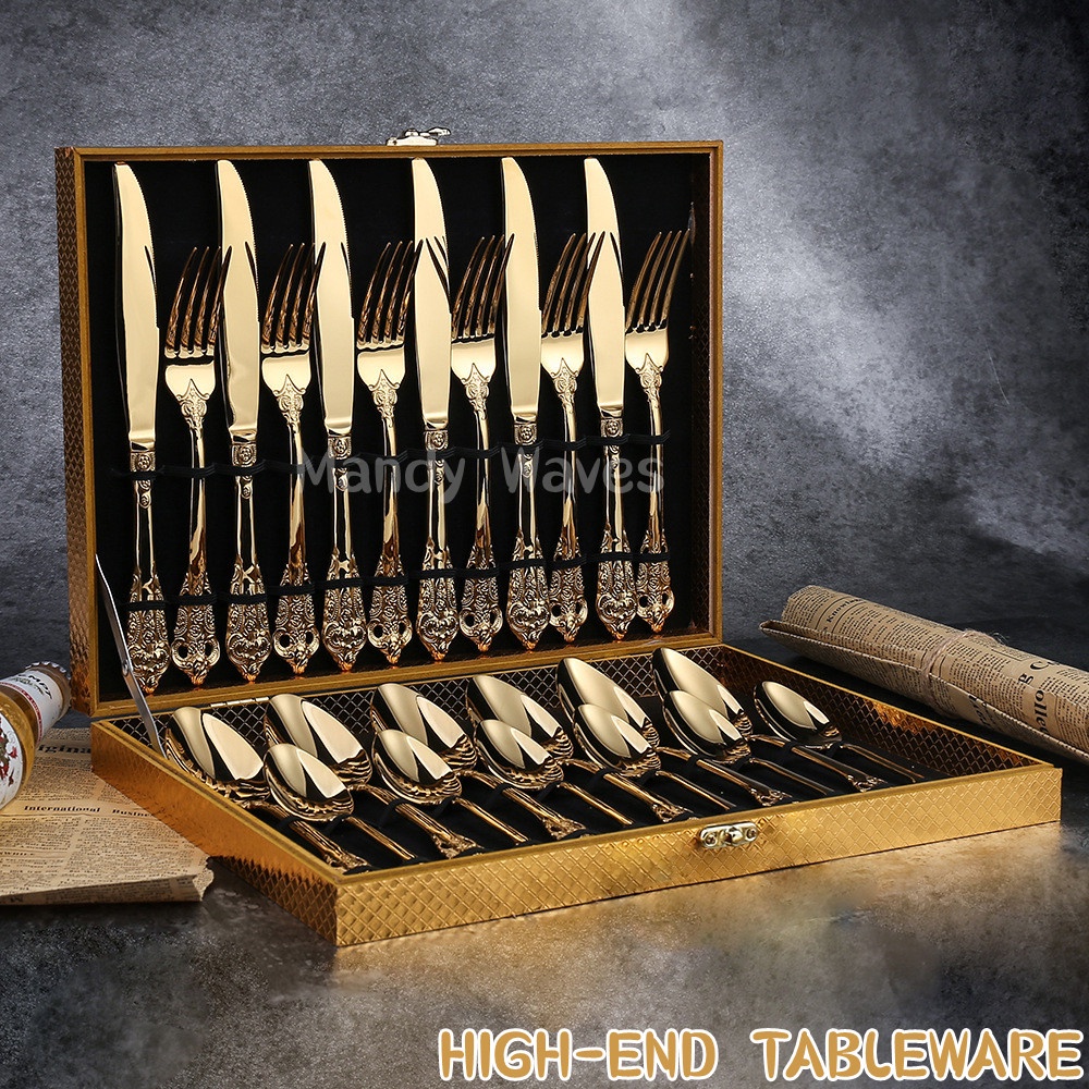 24pcs Gold/Silver Dinnerware Set Stainless Steel Tableware Knives Fork ...