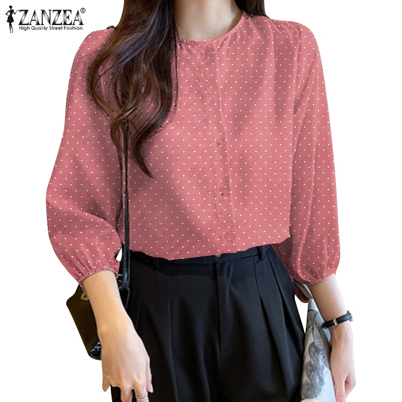 Zanzea Women Korean Daily Puff Sleeve Polka Dots Printed 34 Sleeves Cuff Elastic Blouse 1773