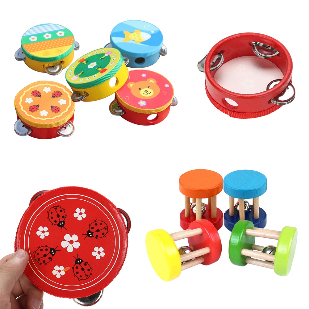 Funny Wooden Toy Educational Cartoon Musical Tambourine Beat Instrument