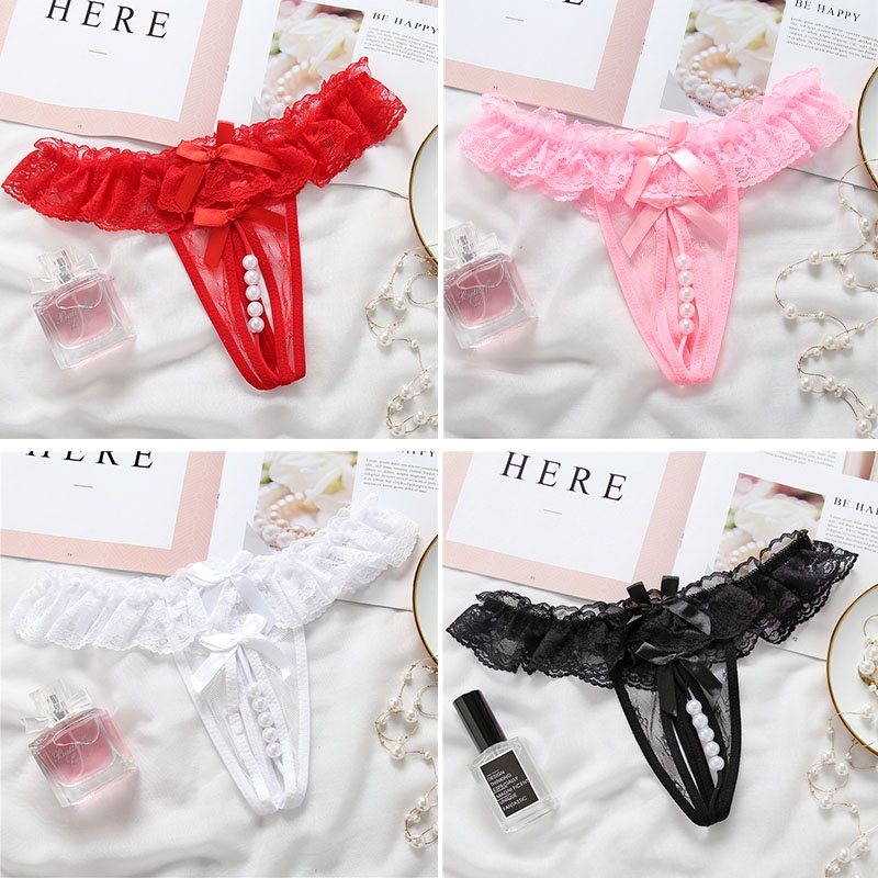 Transparent Sexy Lace Pearl Thong Women's Panties Breathable Mesh Thong Low  Waist