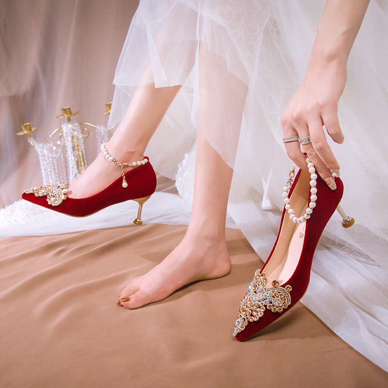 Low heel wedding shoes 2023 new red heels Shopee Philippines