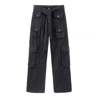 Semi High waist Wide Leg Cargo Pants 6 pocket With Belt For Women