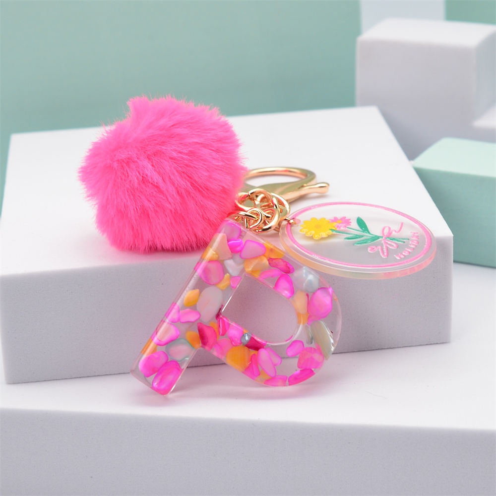 Fashion 26 Letter Keychain A-Z Initial Resin Keyring With Pink Pompom ...