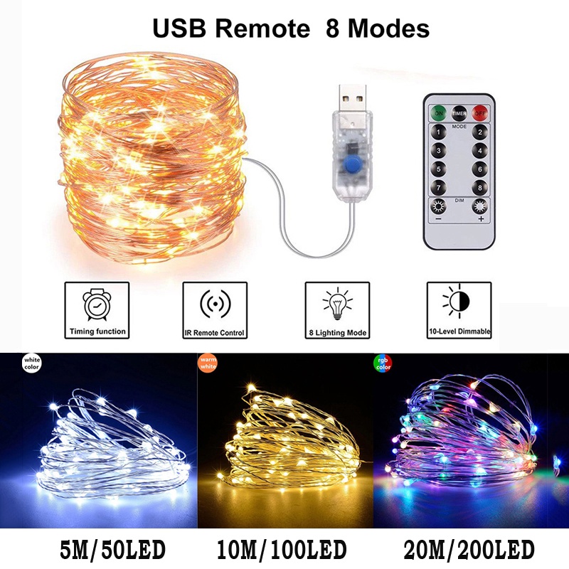 20M USB LED Fairy String Lights with Remote Control 8 Modes Copper Wire ...