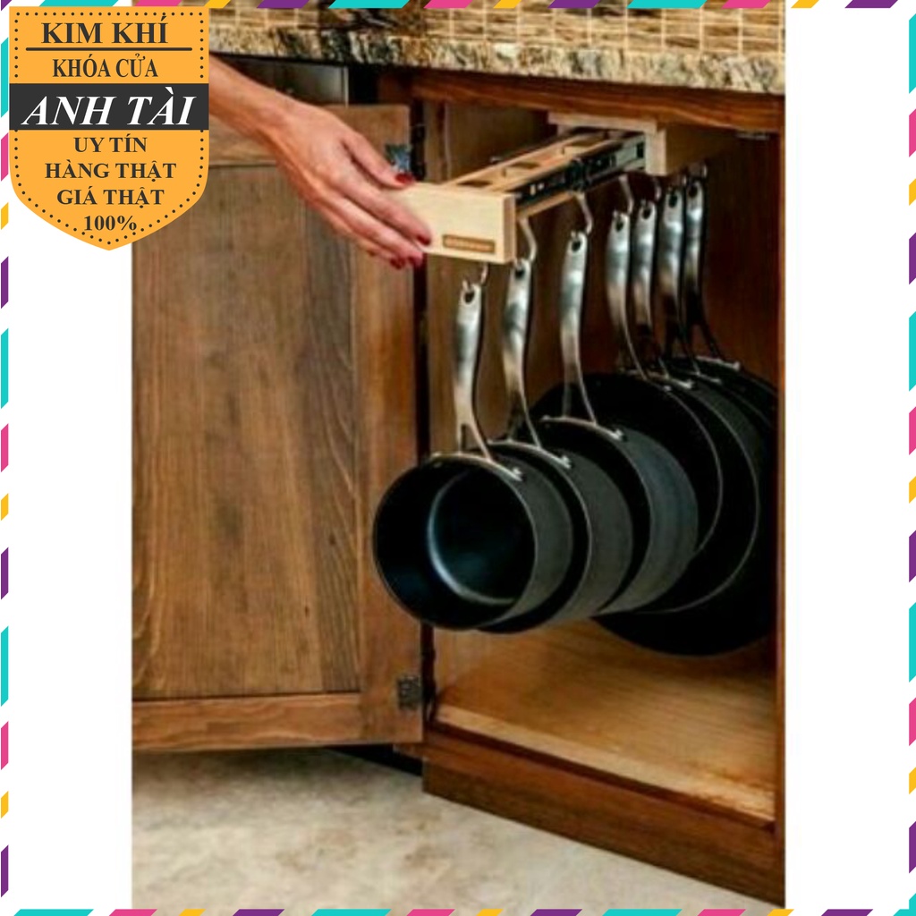 Pot and pan hanging shelves installed under the kitchen multi