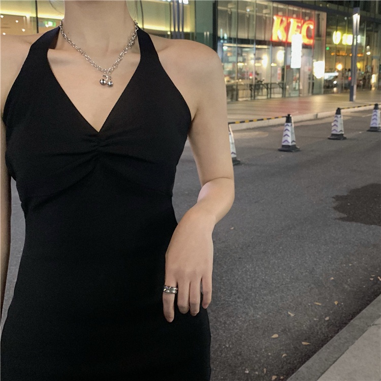 sexy black dress backless mini halter bodycon fitted dress sleeveless v ...