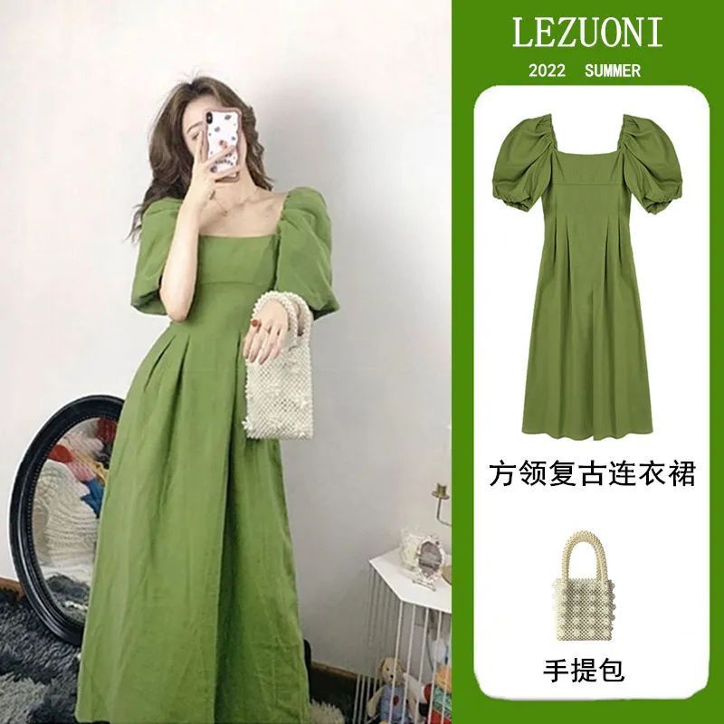 Green square neck dress best sale