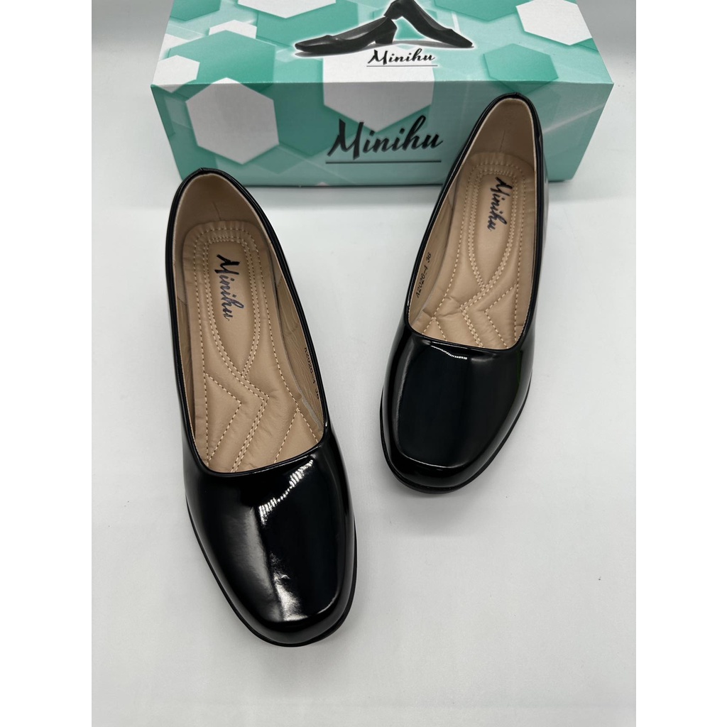 20264 Flat women's black leather shoes, medium heel women's shoes