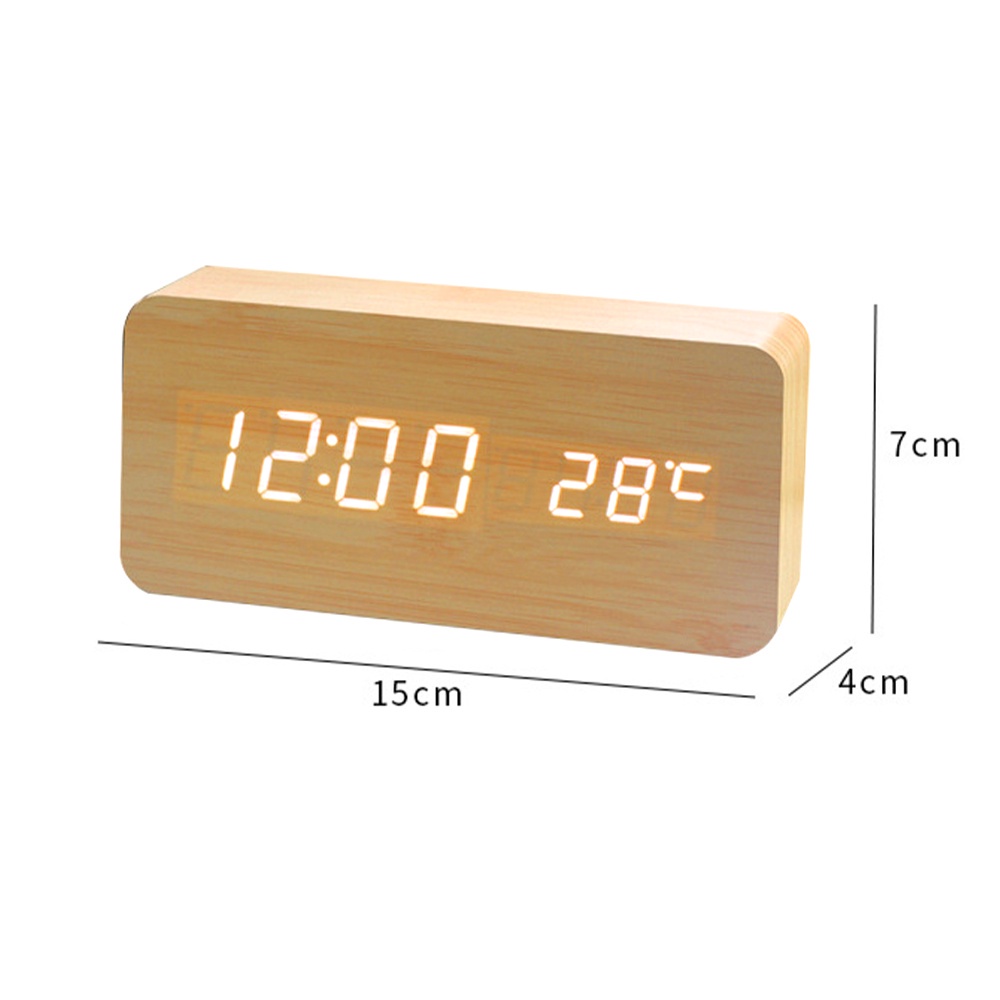 Wooden Digital Alarm Clock LED Table Bedside Clock Calendar Thermometer