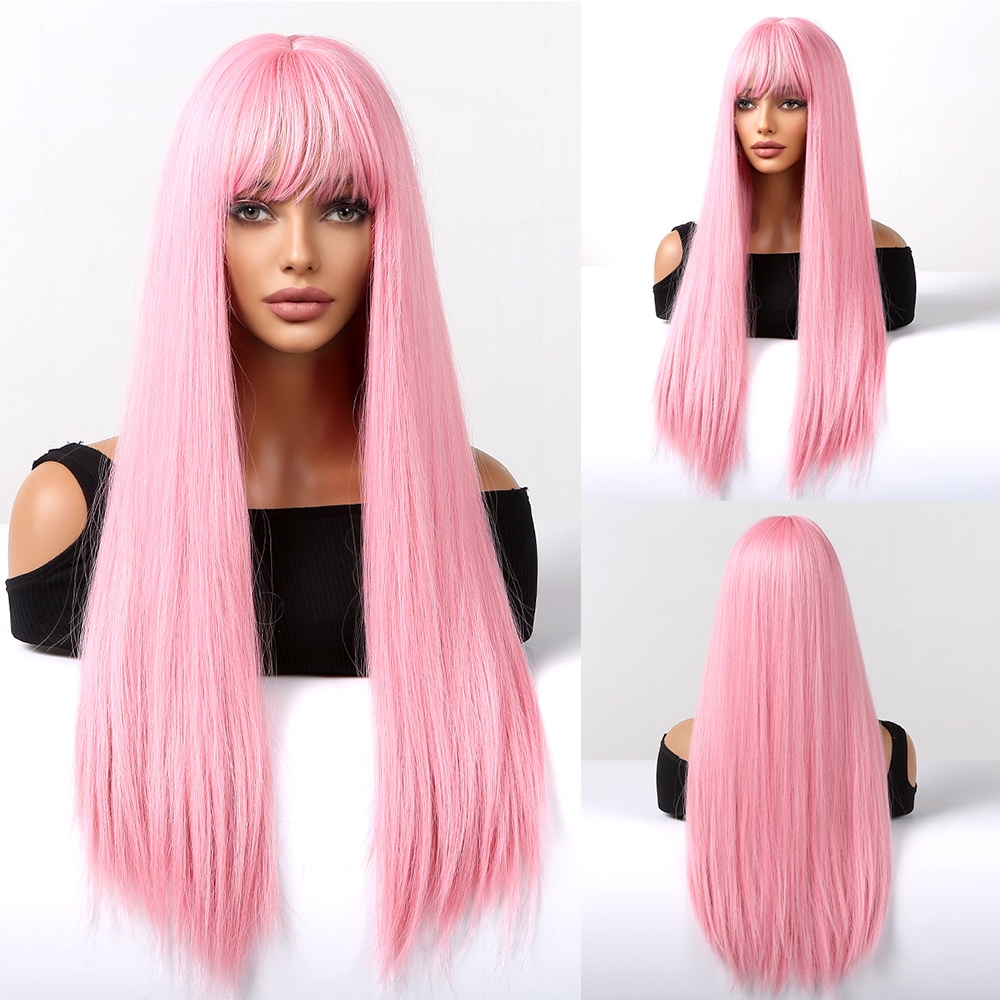 Long Straight Hair Wigs Pink Synthetic Wig With Bangs Heat Resistant  Cosplay Hair For Women Daily Wigs