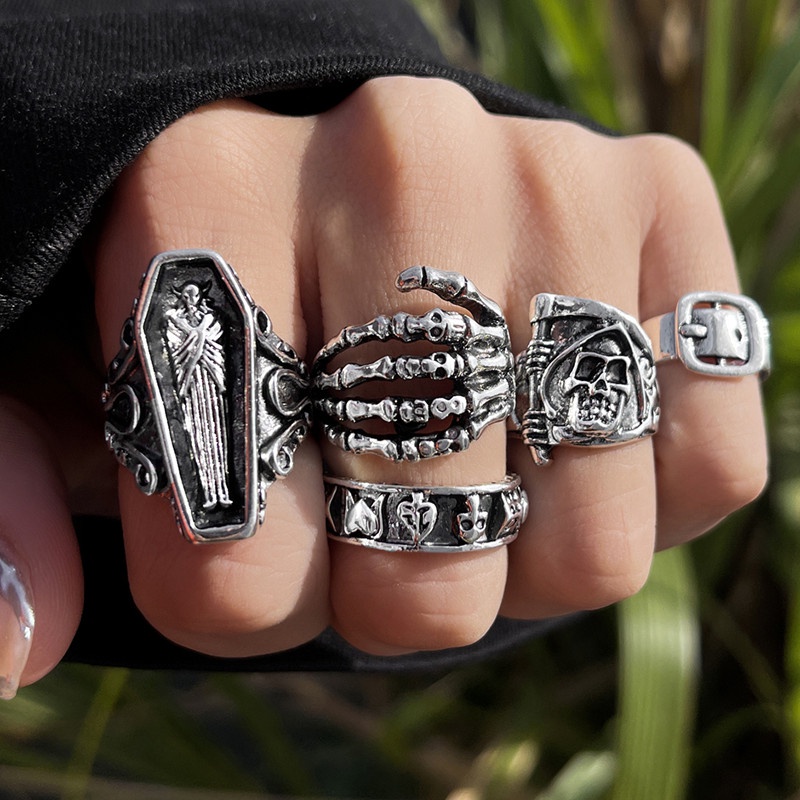 Vintage Silver Skeleton Grim Reaper Rings Set Punk Jewelry Accessories ...