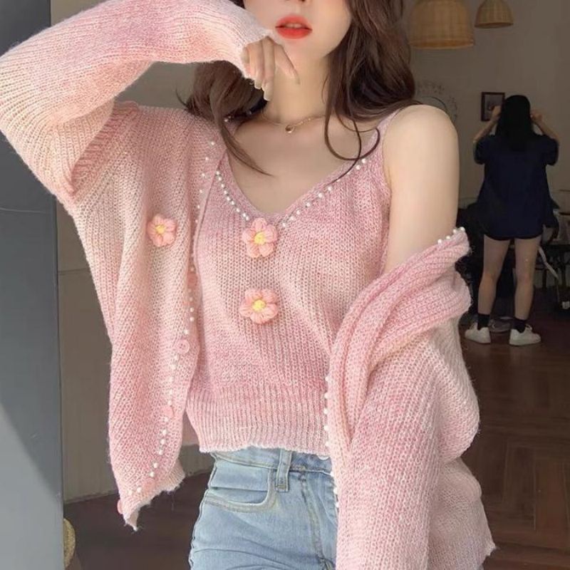 Set Sweater Korean Solid Sweet Flower Knitted Cardigan+3D Flower Small ...