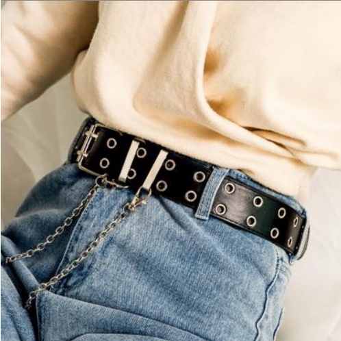 Women Punk Double Row Holes Belt PU Leather Adjustable Waistband ...