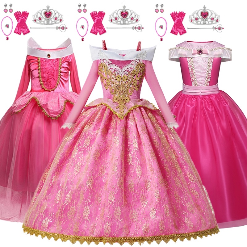 Girls Sleeping Beauty Aurora Princess Dress Long Sleeves Lace Robe Kids ...