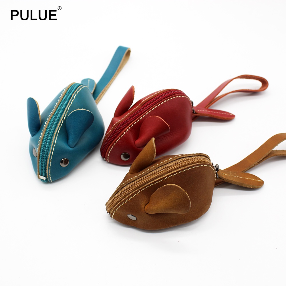 ☄Handmade Genuine Leather Key Wallets Creative Lovely Rat Zipper Key