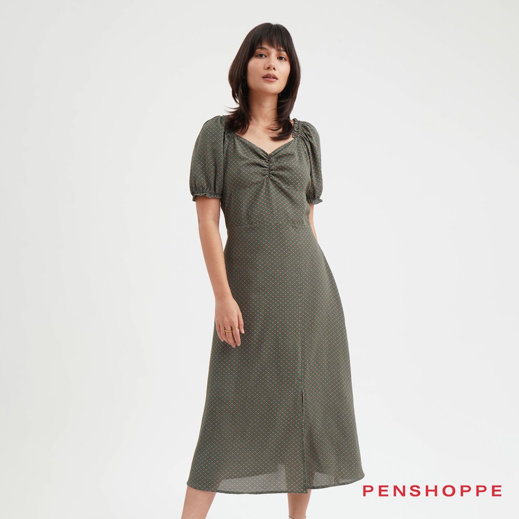 Penshoppe Sweetheart Puff Sleeve Printed Midi Dress For Women (Green ...