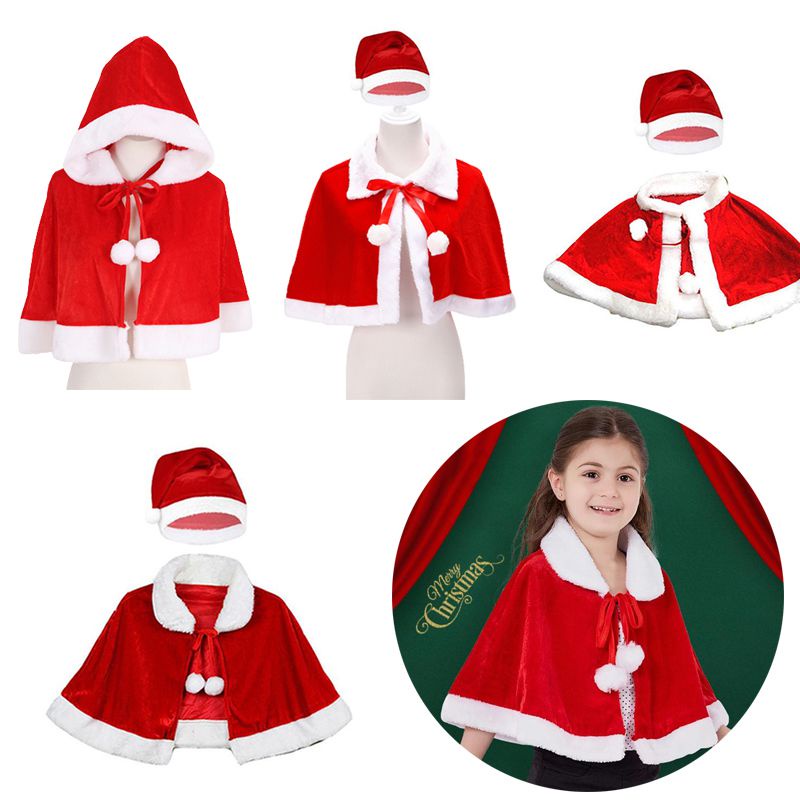 Christmas Claus Santa Costume Velvet Red Short Cloak Hat For Kids ...
