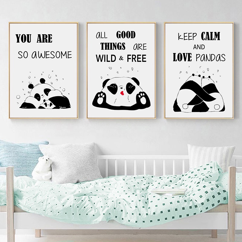 Cute Cartoon Panda Canvas Art Painting Print Simple Black White Wall ...