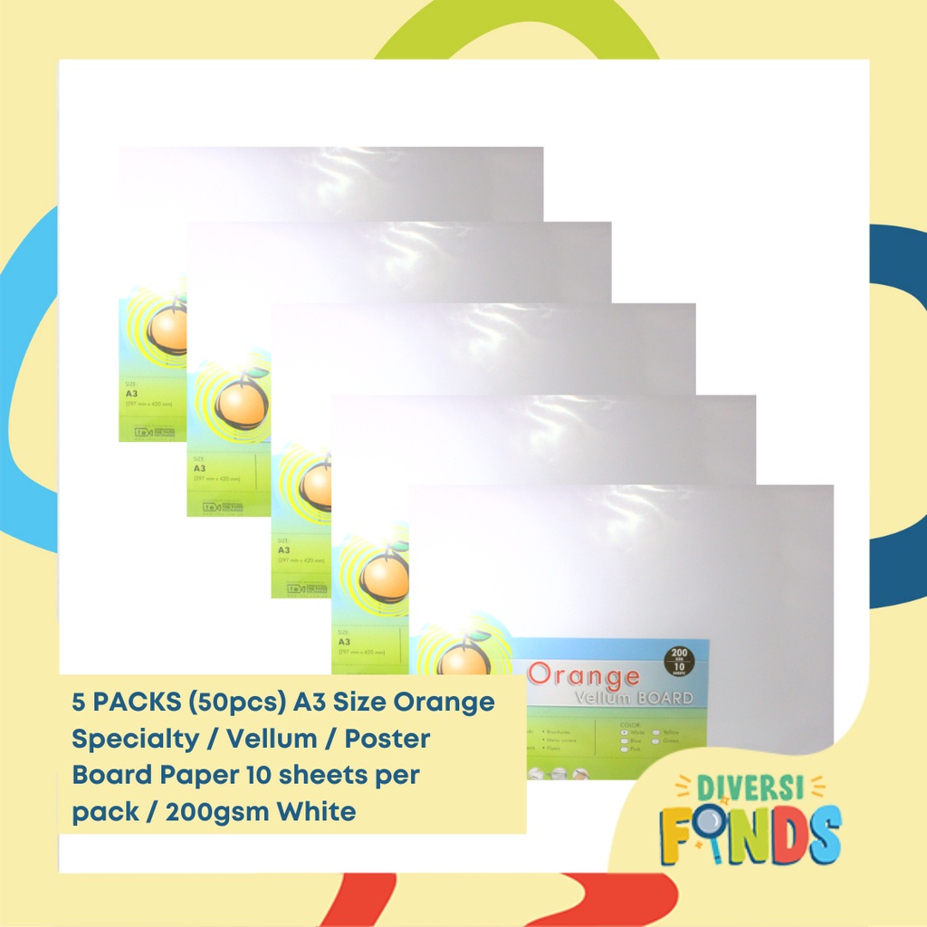 5 PKS or 50pcs A3 Board Paper Size Orange Specialty/ Vellum Board Paper 200gsm White,10sheets/pk