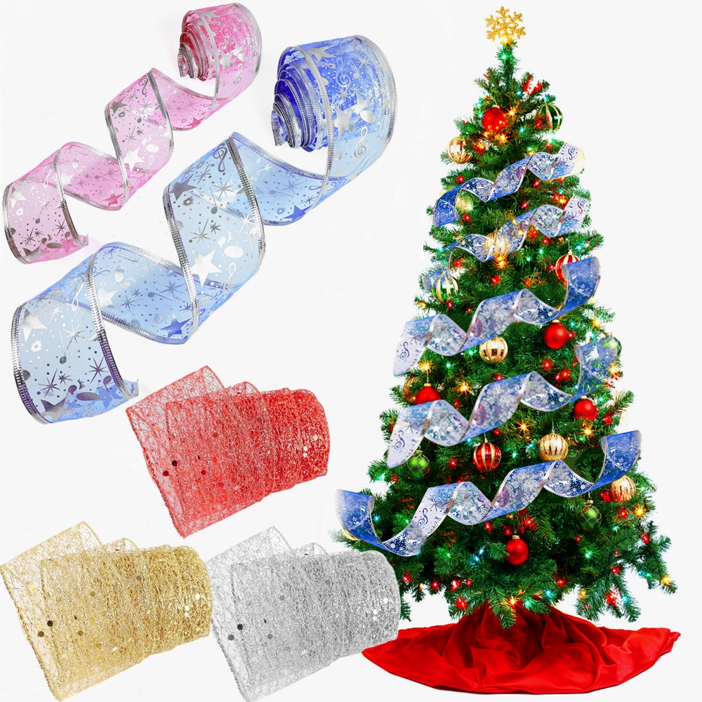 2M/roll Christmas Ribbon Wire Edged Organza Glitter Ribbons for DIY ...