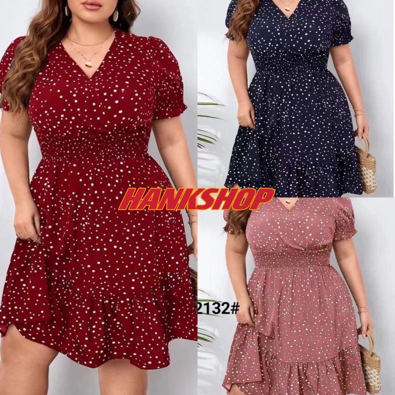 Womens Casual Plus Size Dress Polka Dotted V Neck Midi Bodycon Pink Blue  Red Dresses