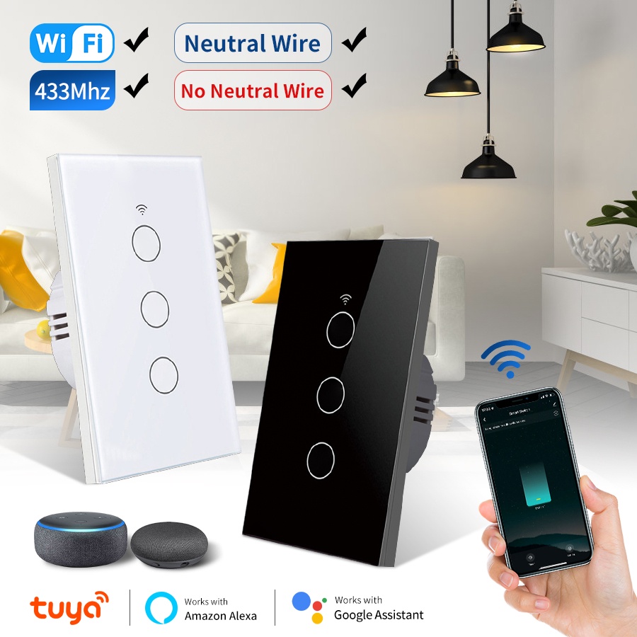 Tuya Smart Wifi Touch Switch No Neutral Wire Required Wireless RF 433Mhz  Remote 1/2/3/4 Gang Light Switch Voice Control Alexa Google Home