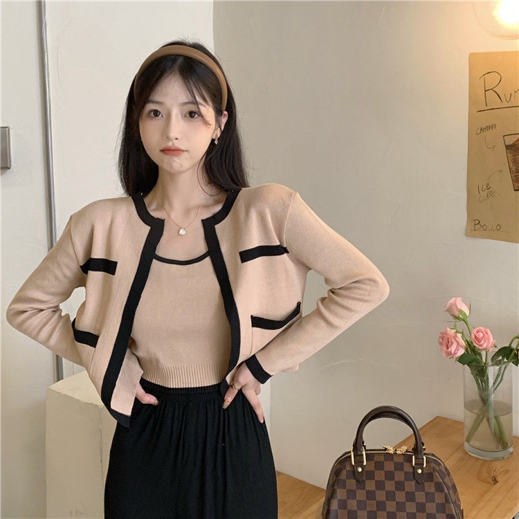 Contrast Color Outer Match Knitted Cardigan Suit Women's Spring and ...
