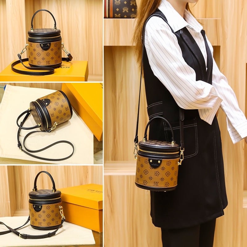 LV Round Women s Summer Genuine Leather Portable Cylindrical Bucket Bag Shoulder Crossbody Pre