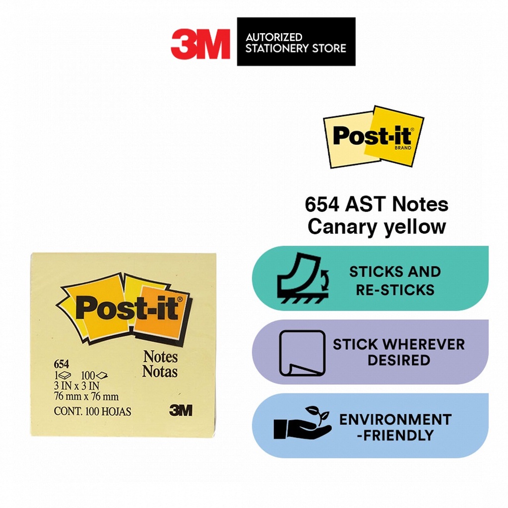 3M Post-it® Notes, 3in x 3in, 100 sheets 654 Canary Yellow [MP654 ...