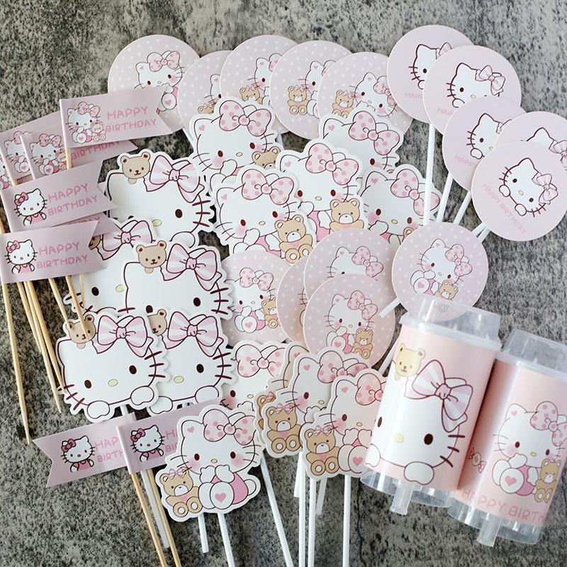 Pink KT cat themed girl's birthday full moon banquet decoration dessert ...