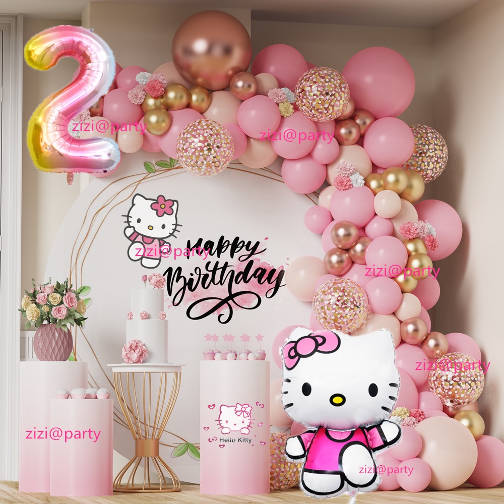 Pink Hello Kitty Balloon Garland Set Metal Rose Gold Multicolored Confetti Latex Balloon 4979