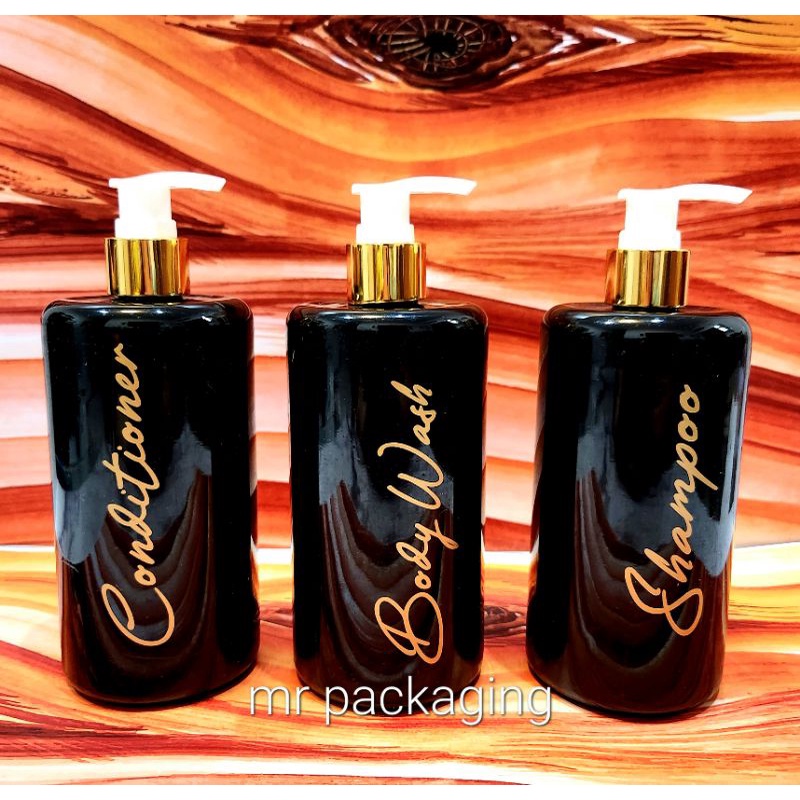 Pump Bottle 500ml Black GOLD+PREMIUM LABEL Sticker Empty Bottle