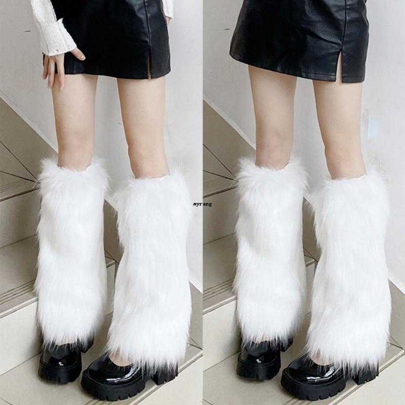 Women Winter Solid Color Furry Leg Warmer Stockings Harajuku Gothic