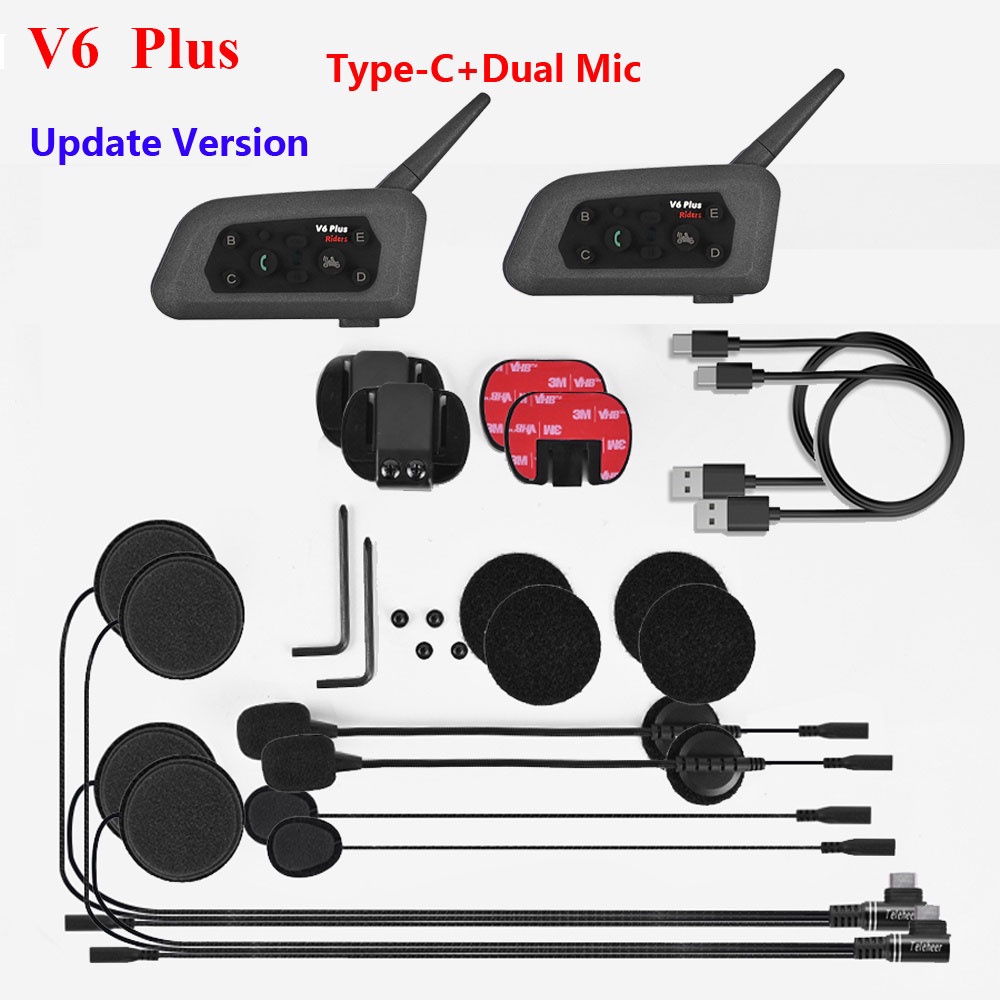 Updated V6 Plus 2 Riders Motorcycle Helmet Bluetooth Headset 1500M TypeC Interphone