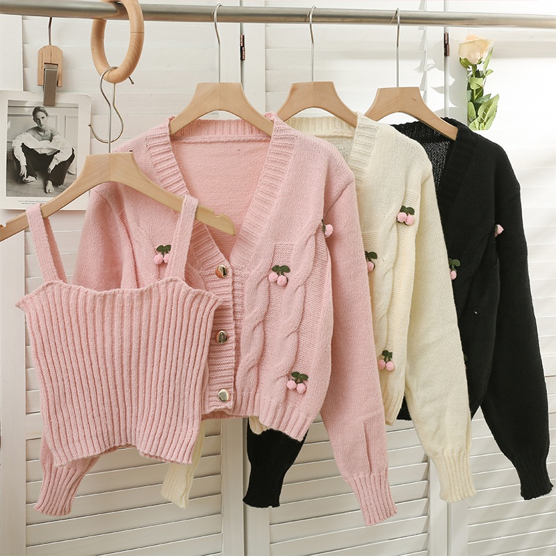 Ribbed Knit Chain Camisole Cardigan Pants Three Piece Set