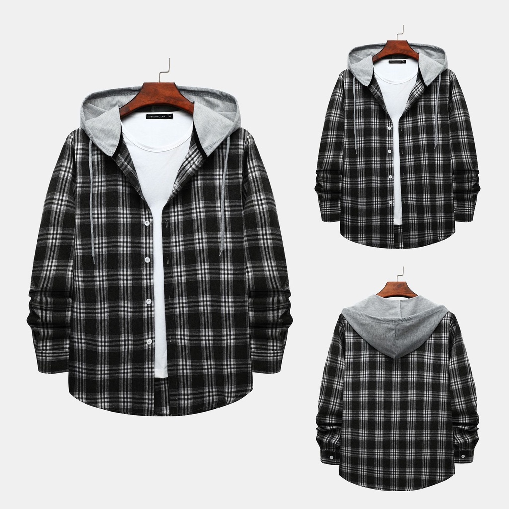 MakingDa Heren hoodies geruit met knoopsluiting hoodie comfortabel slim fit lange mouwen met borstzak, Khaki (stad), XL